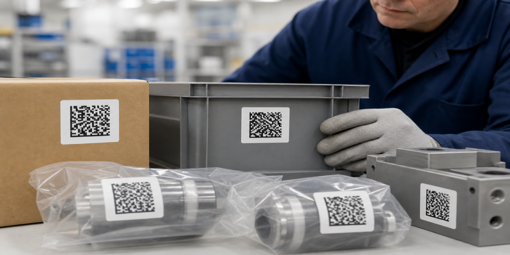 Etichette industriali con barcode 2D generici durante un controllo di identificazione prodotto