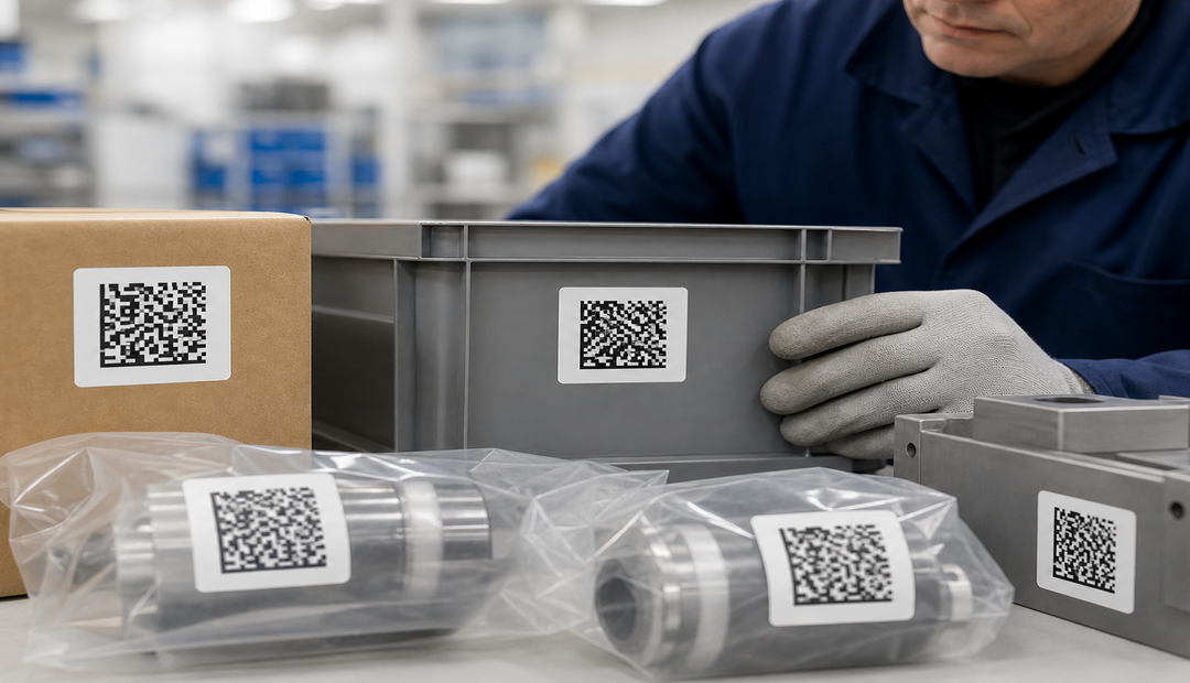 Etichette industriali con barcode 2D generici durante un controllo di identificazione prodotto